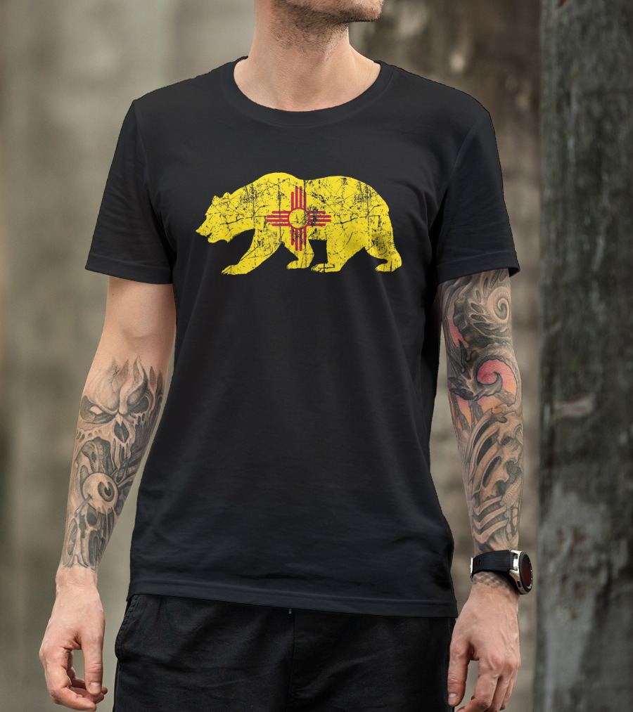New Mexico Bear Silhouette With Red Zia Sun Symbol Flag T-Shirt
