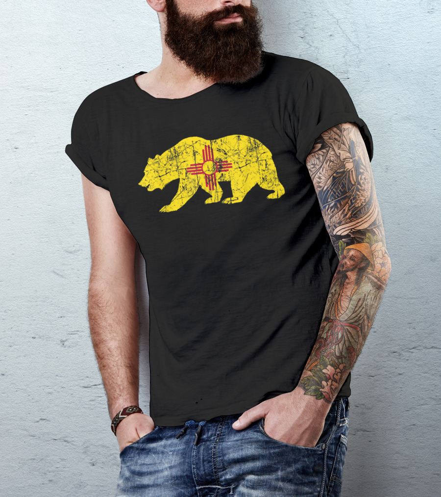 New Mexico Bear Silhouette With Red Zia Sun Symbol Flag T-Shirt