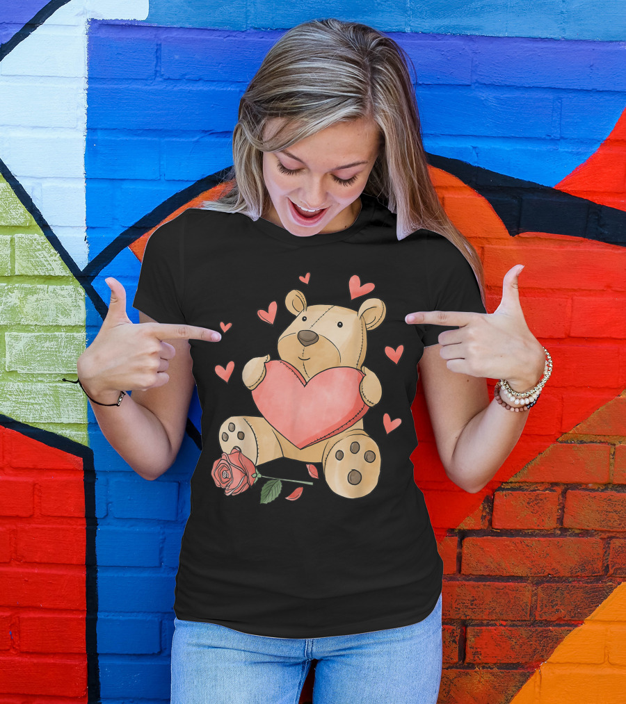 Valentines Day Cute Bear Holding Love Heart And Roses With Romantic Hearts T-Shirt