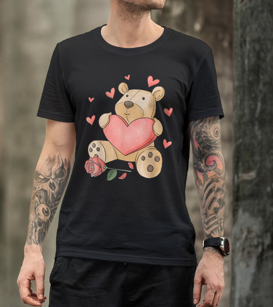 Valentines Day Cute Bear Holding Love Heart And Roses With Romantic Hearts T-Shirt