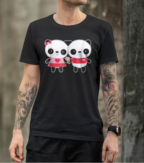 Matching Valentines Day Cute Panda Couple With Hearts And Flower T-Shirt