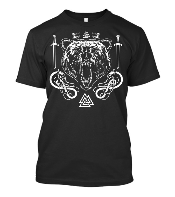 Viking Bear Head Norse Mythology Valknut Swords Axes Knotwork T-Shirt