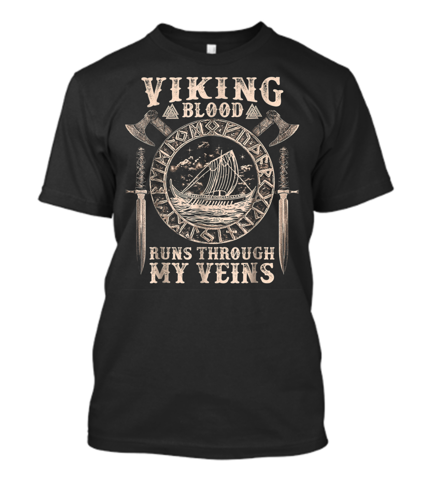 Viking Blood Runs Through My Veins Viking Ship Axes Swords And Rune Circle T-Shirt