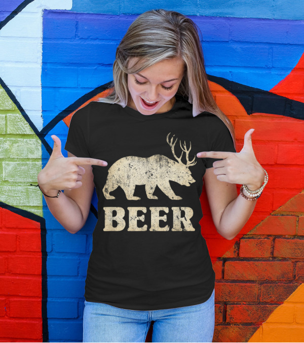 Vintage Bear With Deer Antlers Beer T-Shirt