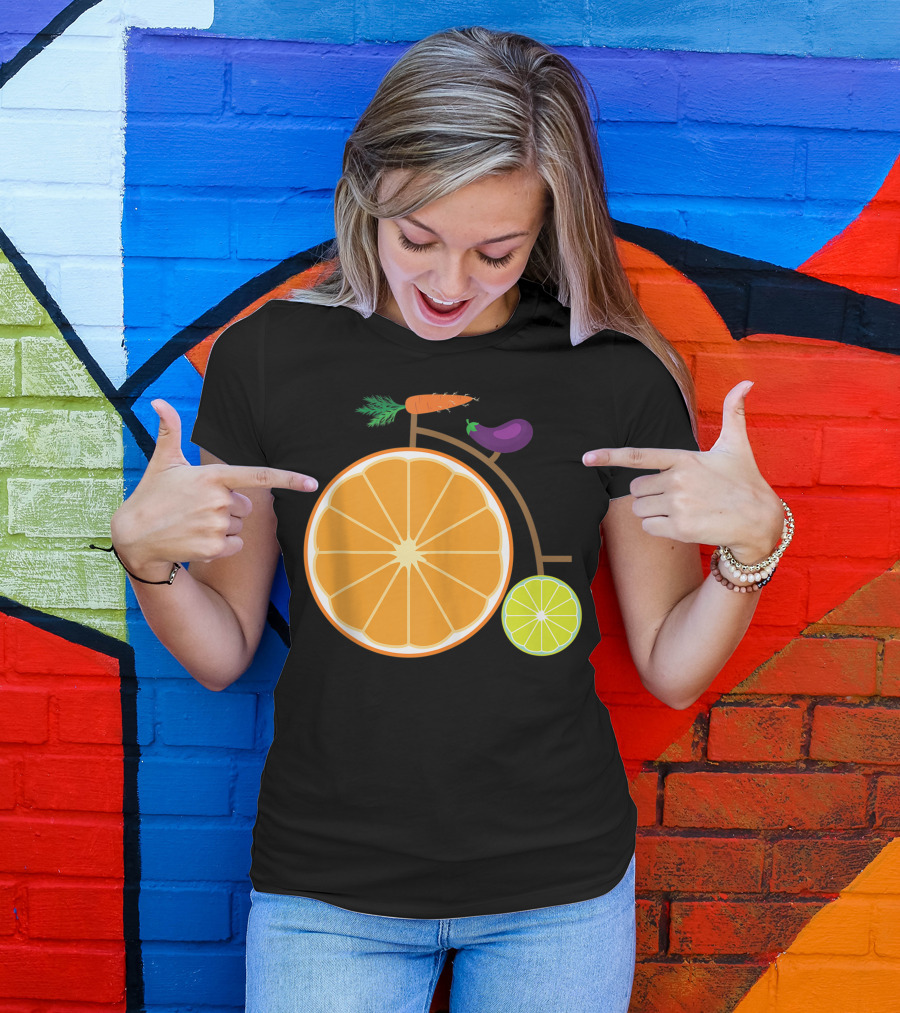 Vintage Bicycle Oranges Limes Carrots Eggplants Fruits Vegetables T-Shirt