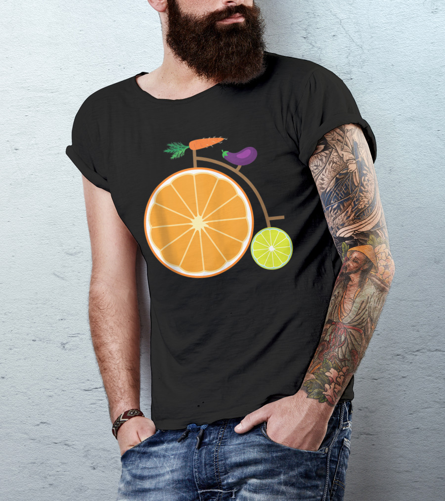 Vintage Bicycle Oranges Limes Carrots Eggplants Fruits Vegetables T-Shirt