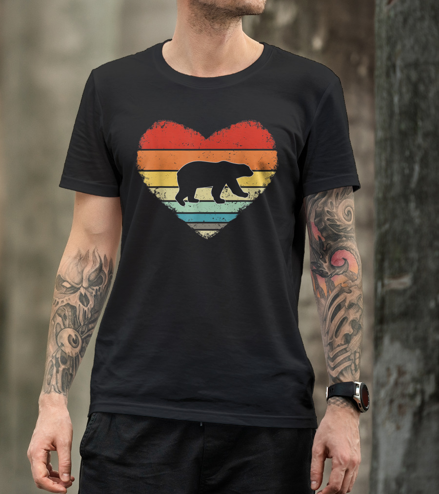 Vintage Heart Polar Bear Valentines Day Retro Stripes T-Shirt