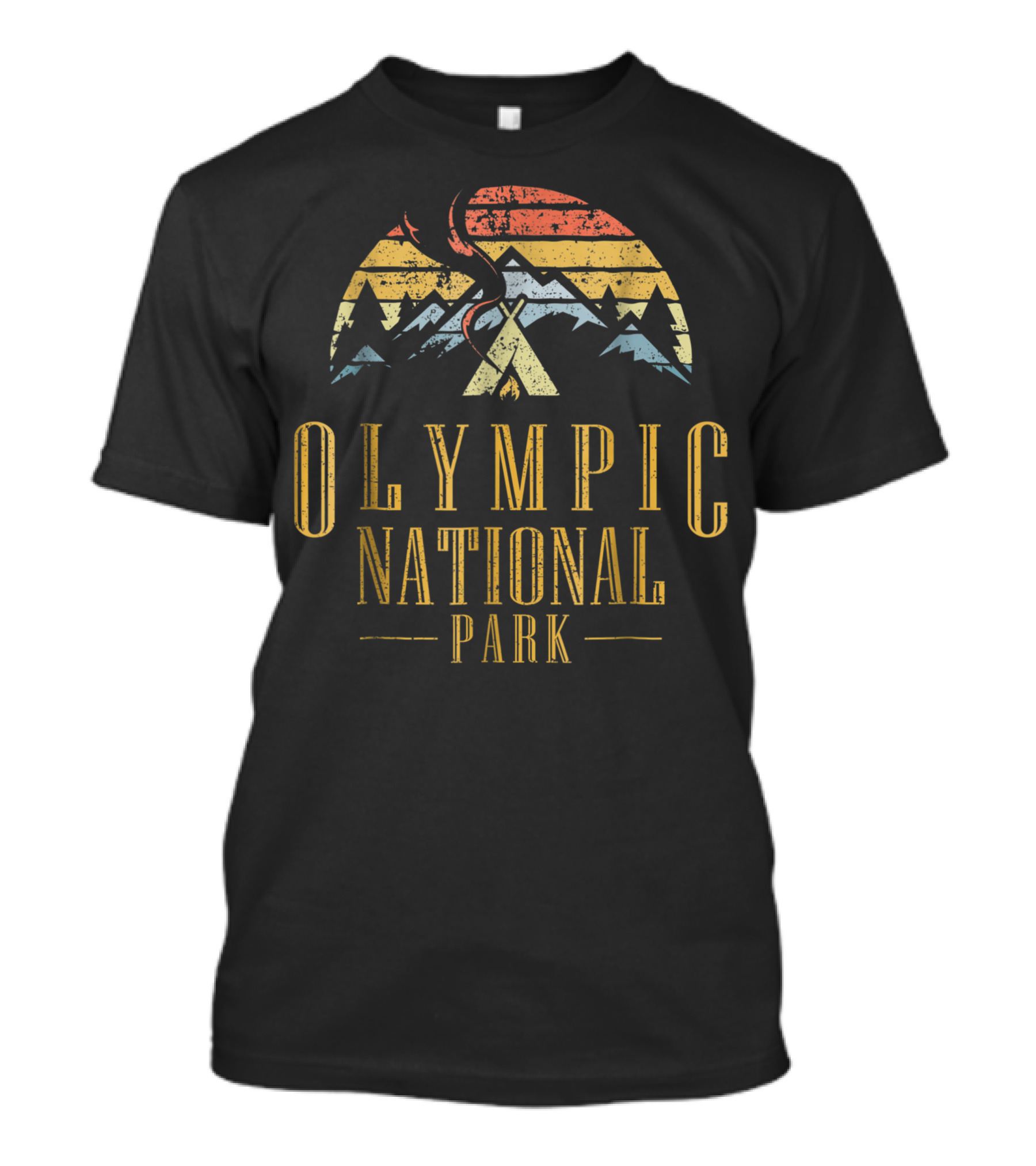 Olympic National Park Retro Campfire Mountain Scene T-Shirt