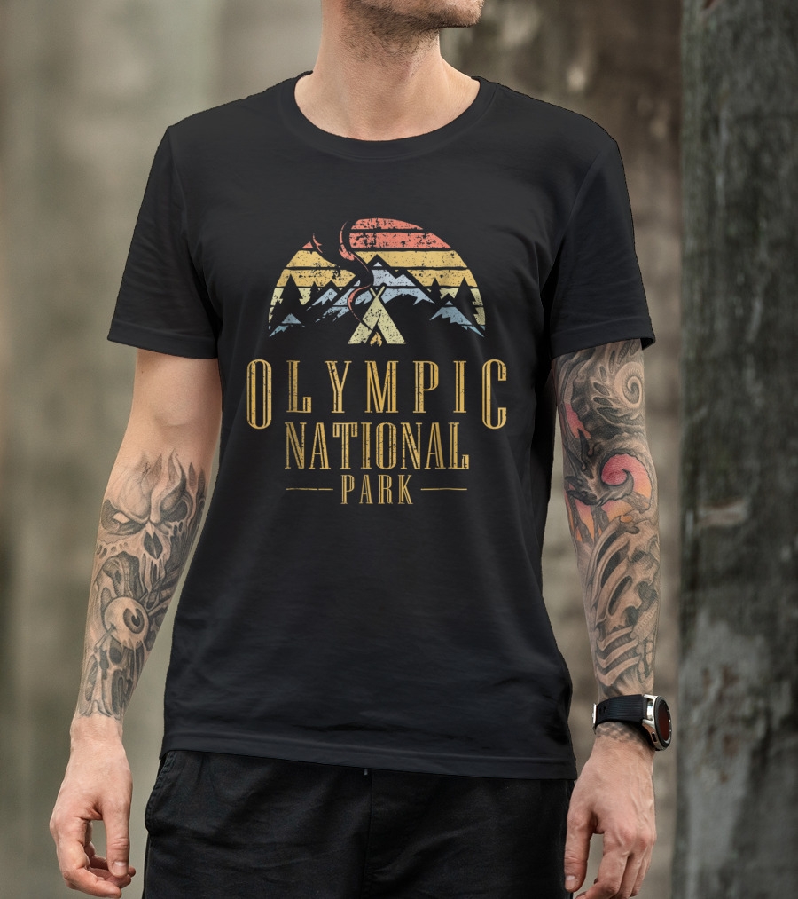 Olympic National Park Retro Campfire Mountain Scene T-Shirt
