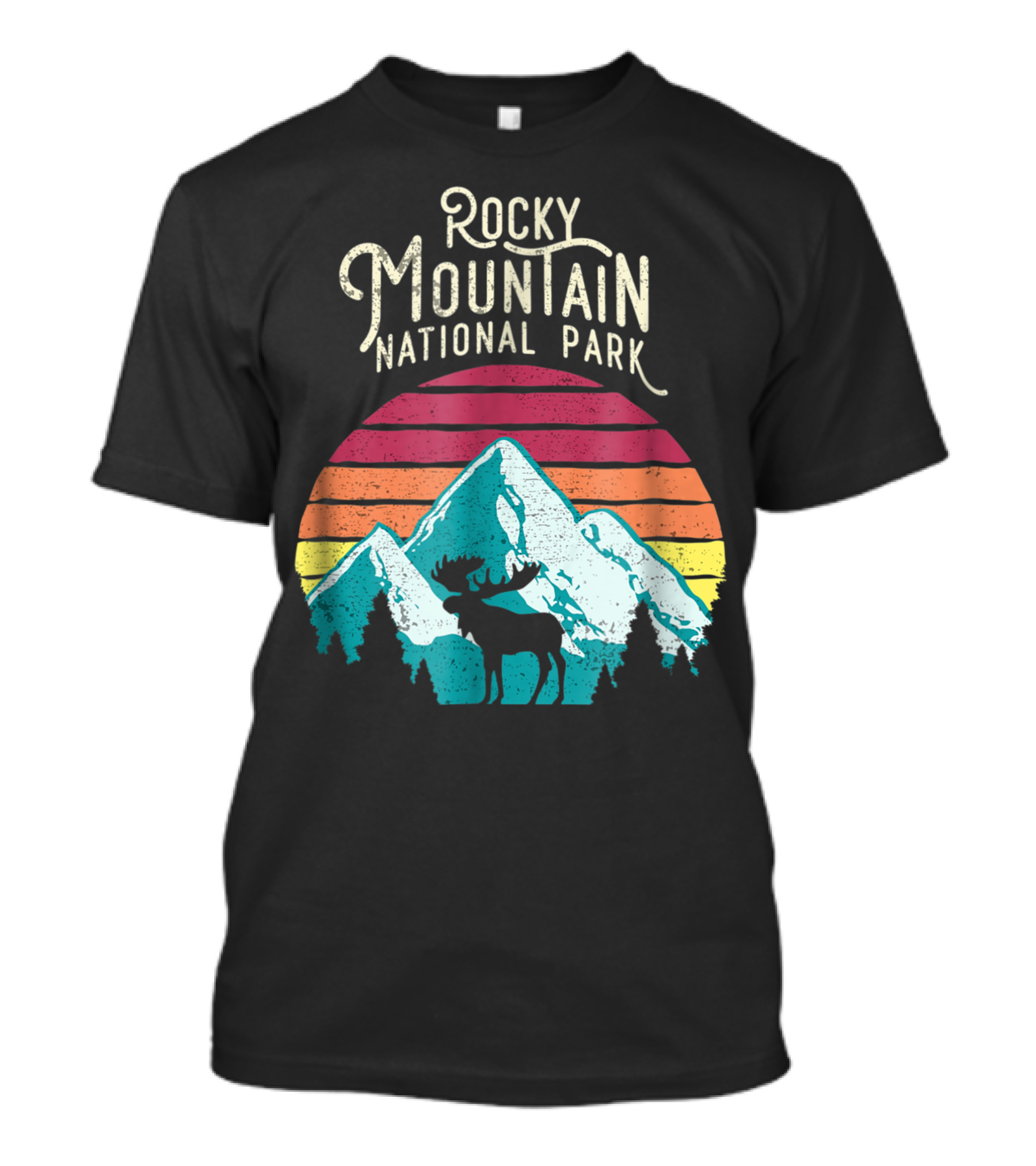 Rocky Mountain National Park Vintage Moose With Sunset Stripes And Mountain T-Shirt