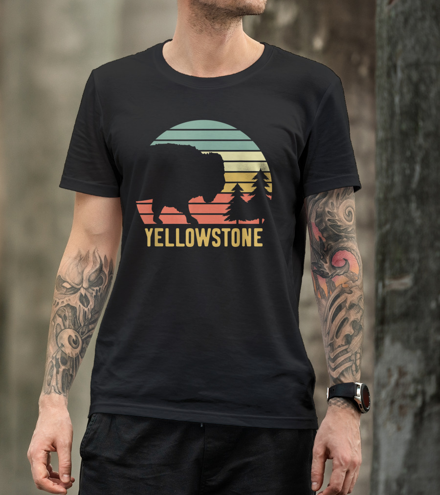 Yellowstone National Park Vintage Sunset Buffalo Pines T-Shirt