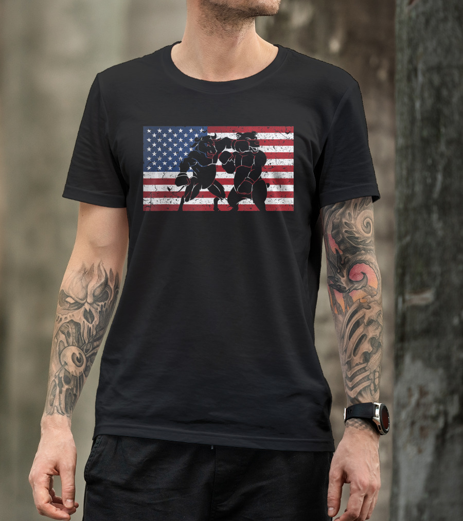 Wallstreet Bull Market Investor Capitalism Stock Market American Flag Boxing Bull And Bear T-Shirt