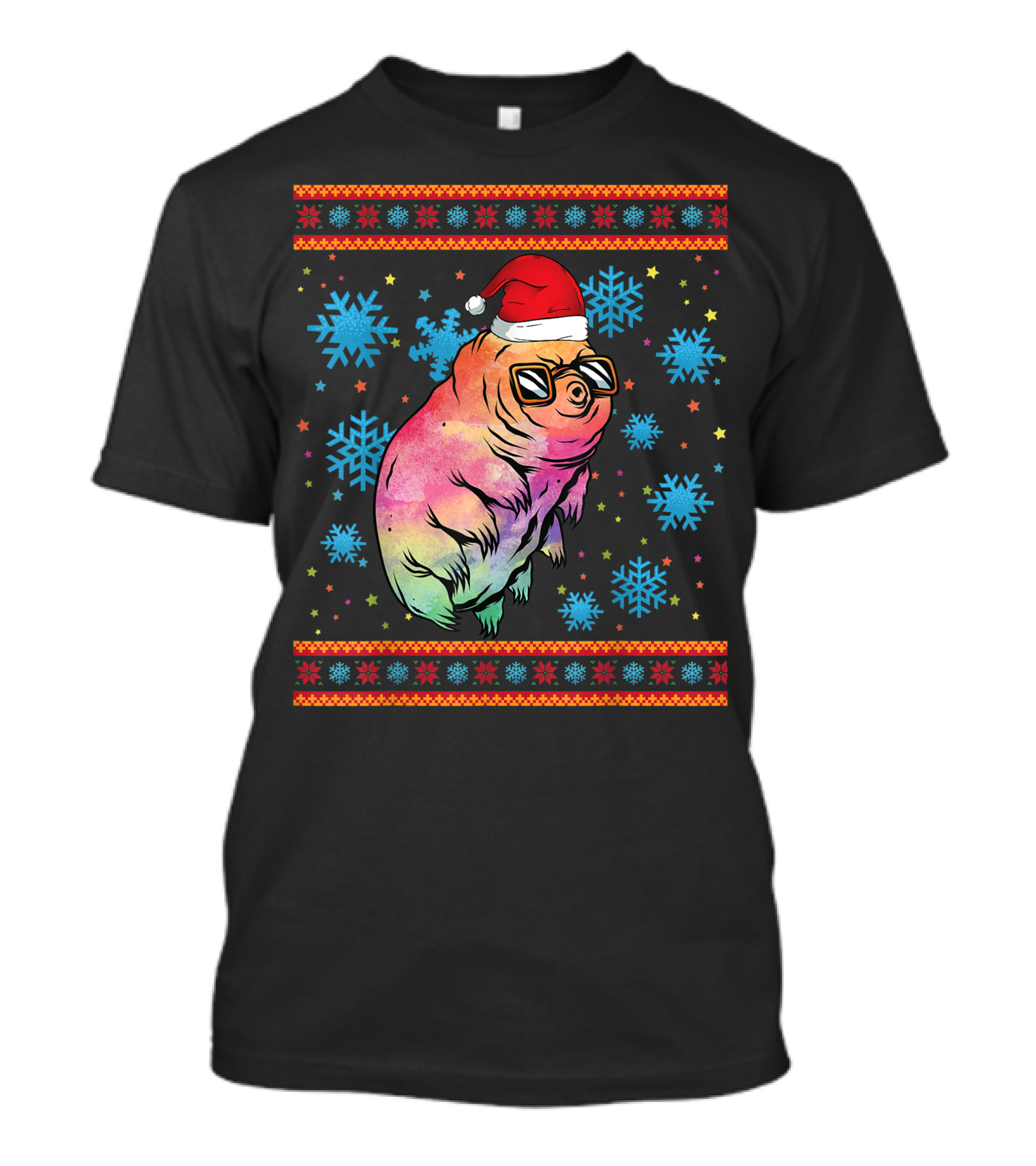 Water Bear With Santa Hat And Cool Sunglasses Surrounded By Colorful Snowflakes For Christmas Tardigrade Lovers T-Shirt
