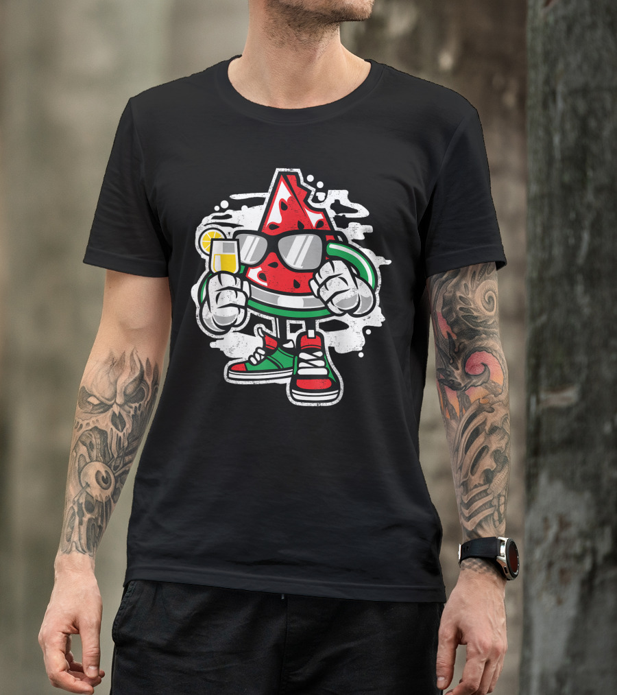 Watermelon Fruit Character With Sunglasses And Lemon Drink T-Shirt