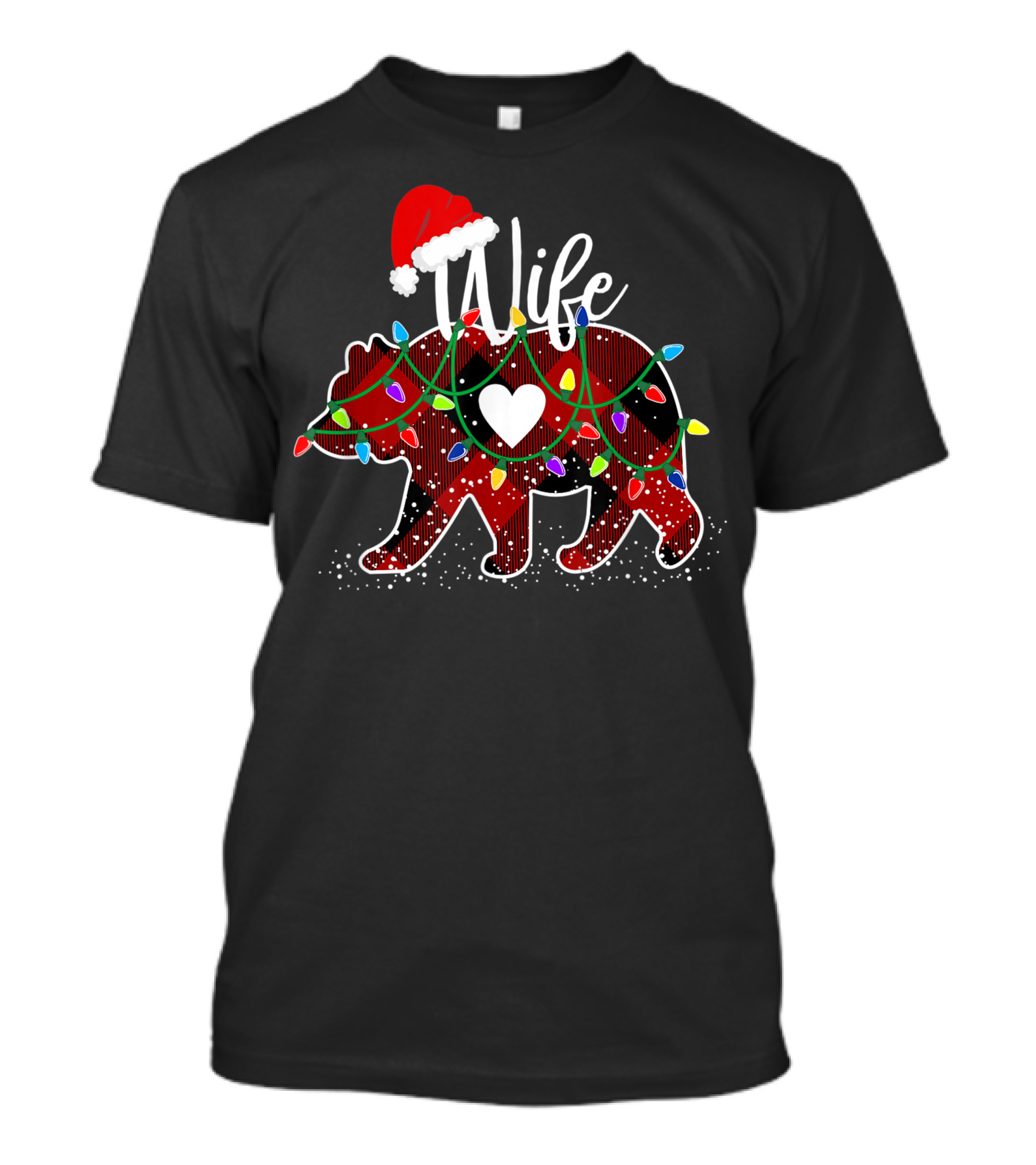 Wife Bear Christmas Red Buffalo Plaid Santa Hat Festive Lights T-Shirt