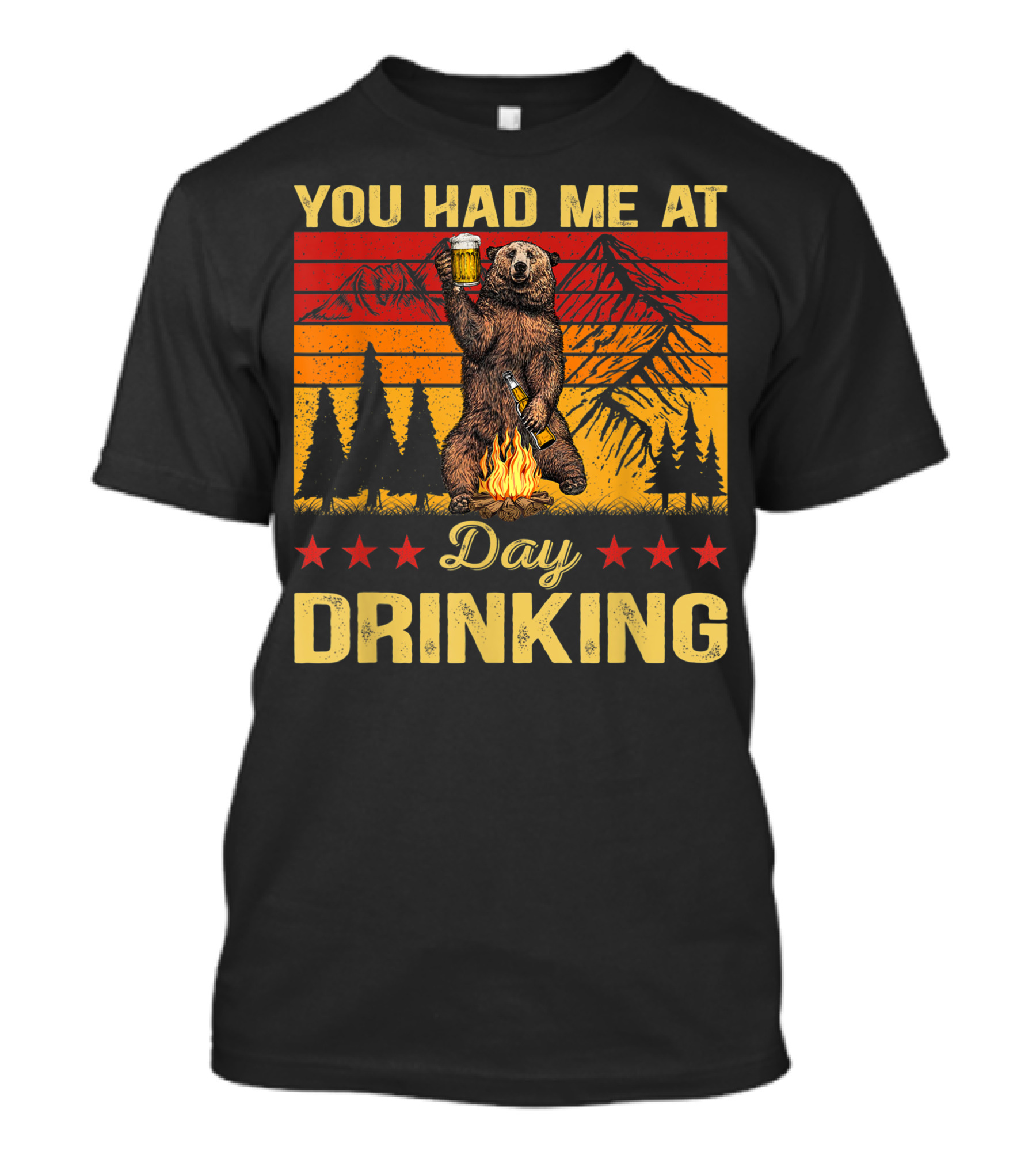 You Had Me At Day Drinking Vintage Bear Drinking Beer Campfire Mountains Retro Stars T-Shirt
