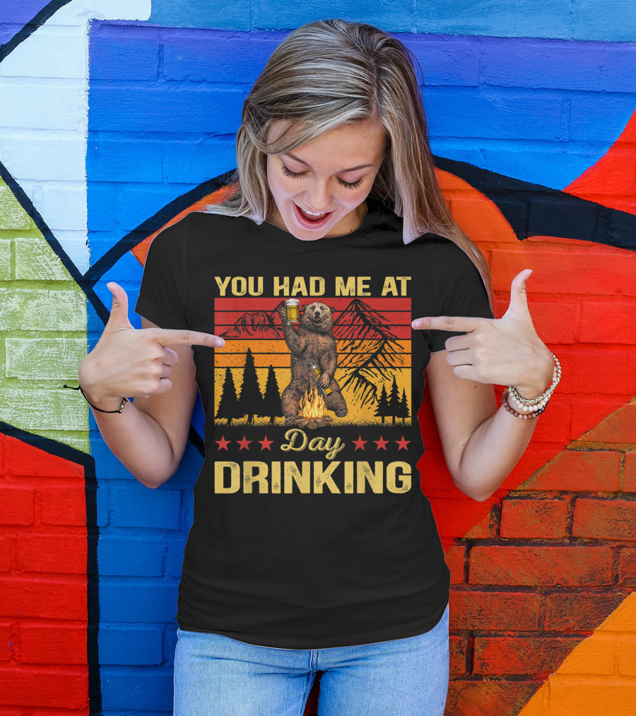 You Had Me At Day Drinking Vintage Bear Drinking Beer Campfire Mountains Retro Stars T-Shirt