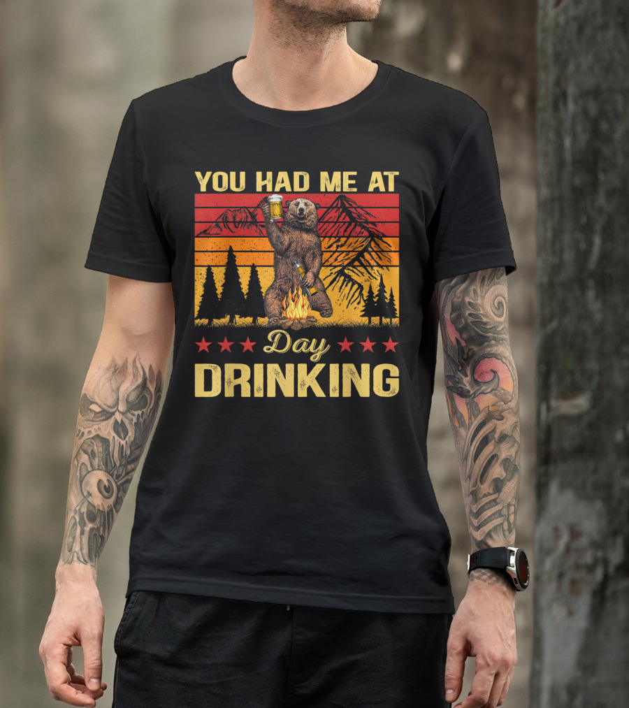 You Had Me At Day Drinking Vintage Bear Drinking Beer Campfire Mountains Retro Stars T-Shirt