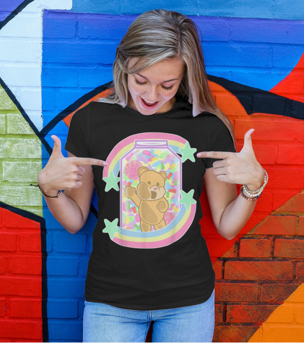 Yume Kawaii Pastel Goth Bear In Candy Jar With Stars And Rainbow T-Shirt