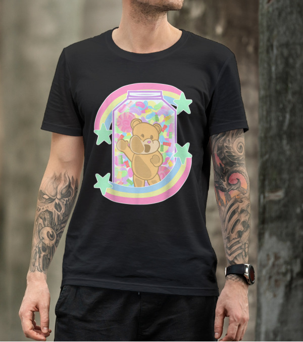 Yume Kawaii Pastel Goth Bear In Candy Jar With Stars And Rainbow T-Shirt