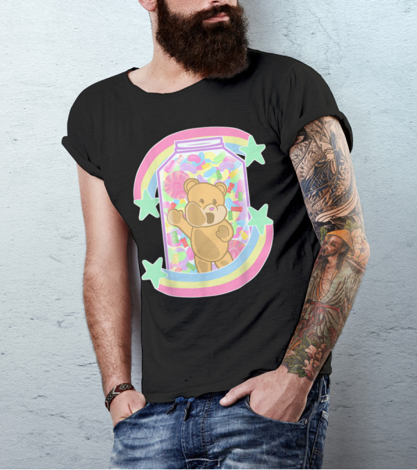 Yume Kawaii Pastel Goth Bear In Candy Jar With Stars And Rainbow T-Shirt
