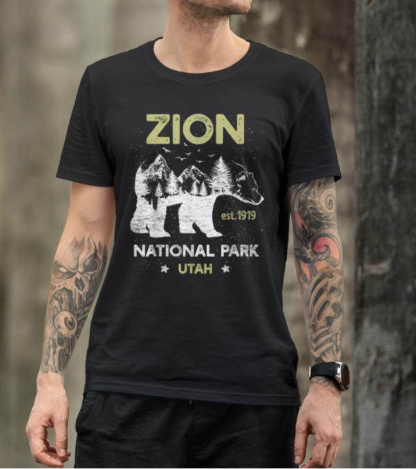 Zion National Park Utah Est. 1919 Bear And Mountain Scene T-Shirt