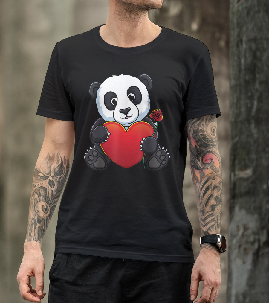 Panda Heart Valentines Day Cute Animal Lover Bear Holding Rose T-Shirt