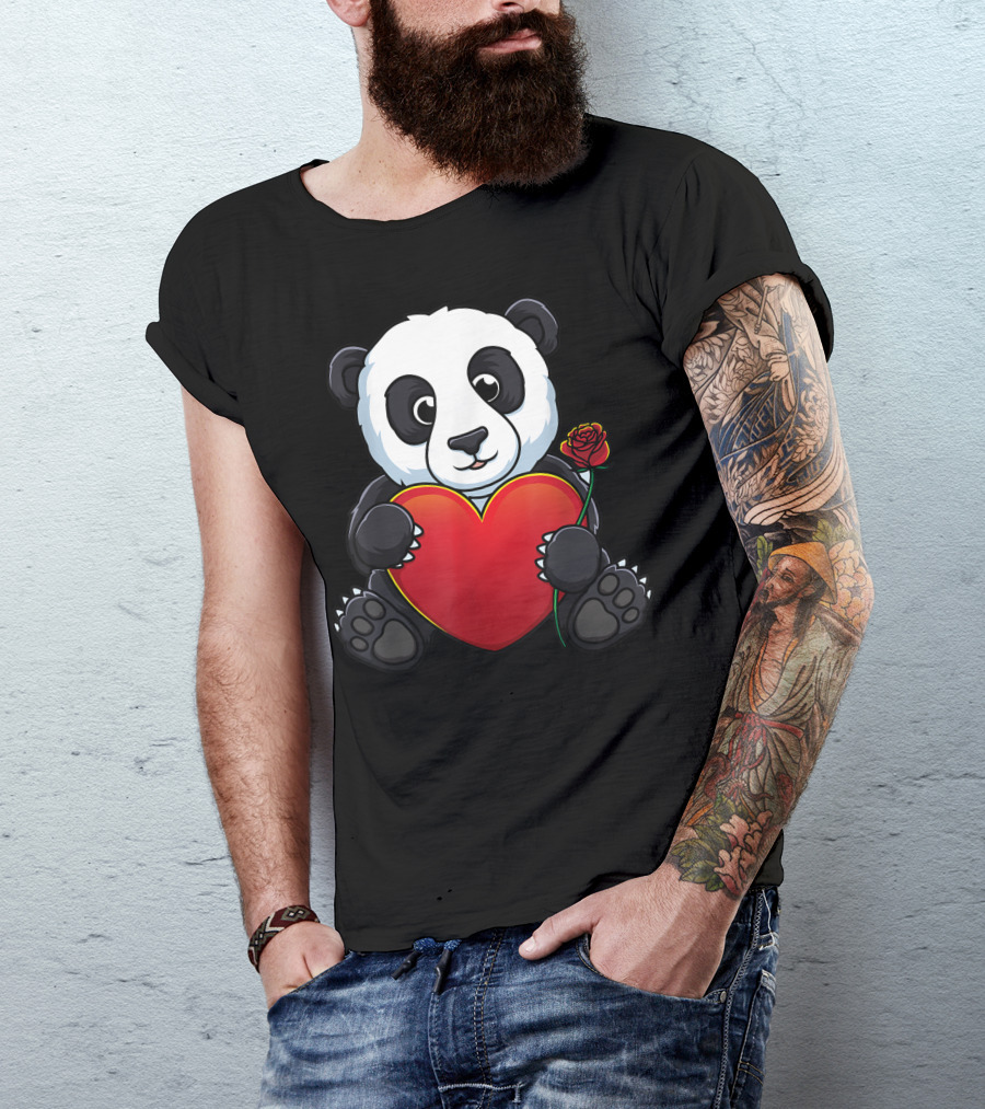 Panda Heart Valentines Day Cute Animal Lover Bear Holding Rose T-Shirt