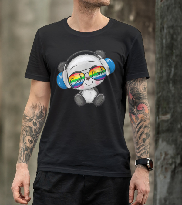 Panda With Headphones And Rainbow Cool Sunglasses T-Shirt