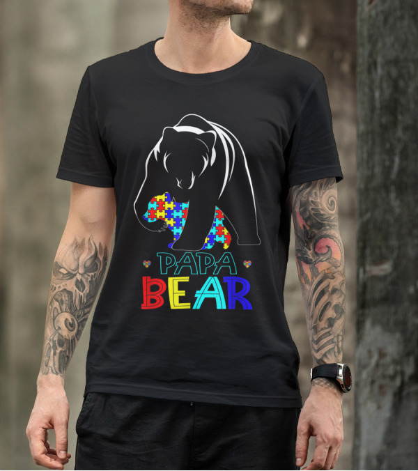 Papa Bear Autism Awareness Dad Love Support Puzzle T-Shirt