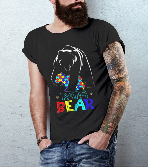 Papa Bear Autism Awareness Dad Love Support Puzzle T-Shirt