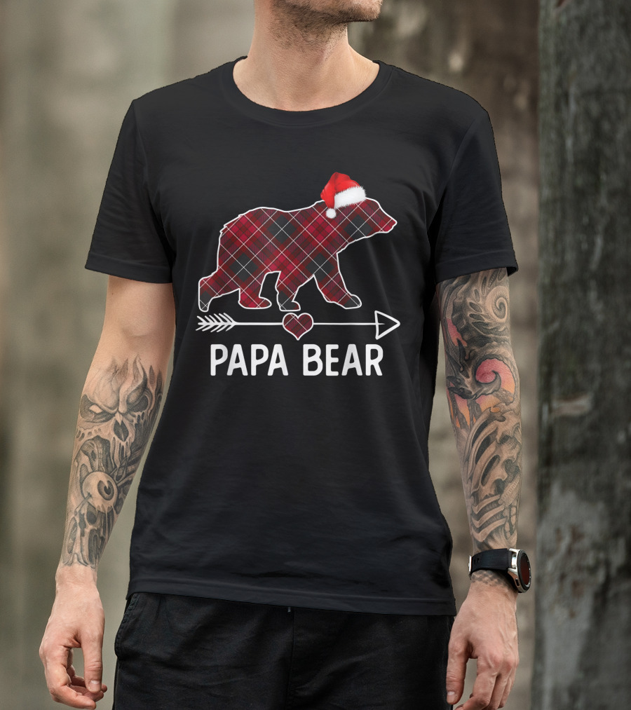 Papa Bear Red Plaid Buffalo Christmas Santa Hat Arrow Heart T-Shirt
