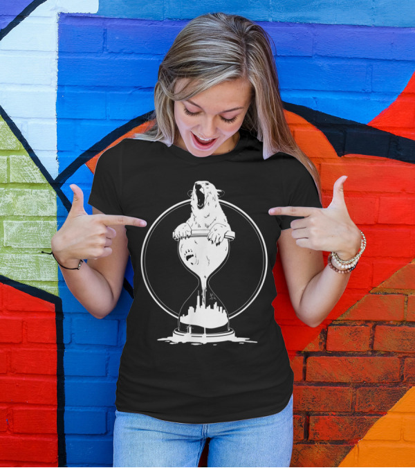 Polar Bear In Melting Hour Glass With Cityscape T-Shirt
