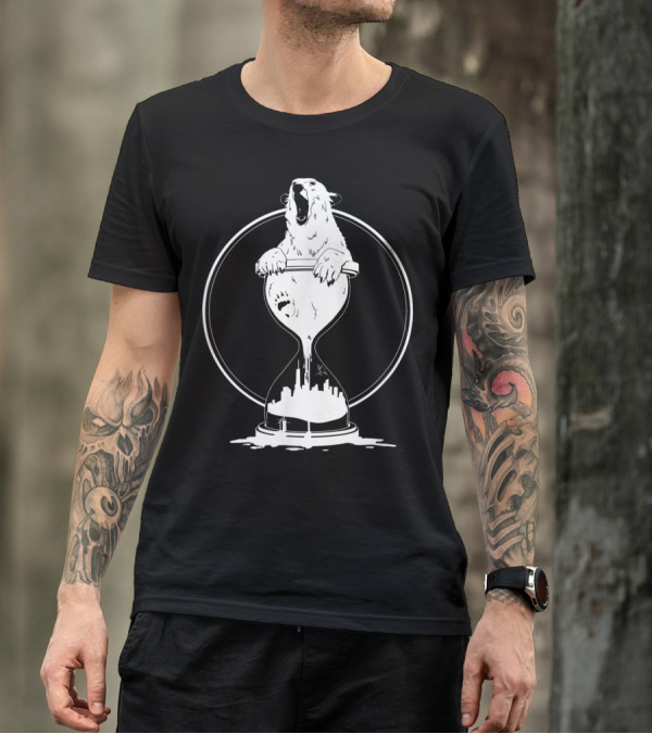 Polar Bear In Melting Hour Glass With Cityscape T-Shirt
