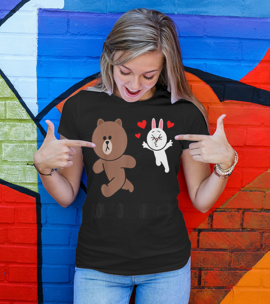 Cute Brown Bear Cony Bunny Rabbit Love On The Run Valentines Hearts T-Shirt