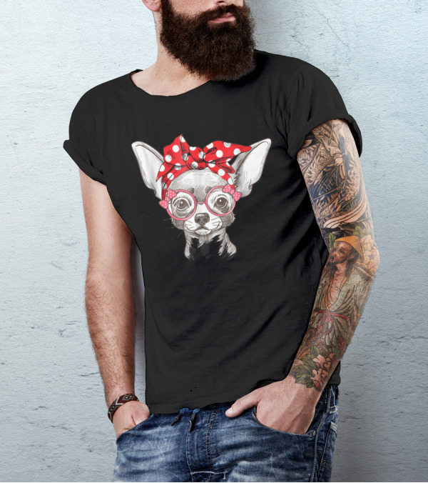 Cute Chihuahua Mom Wears Red Polka Dot Bandana Glasses T-Shirt