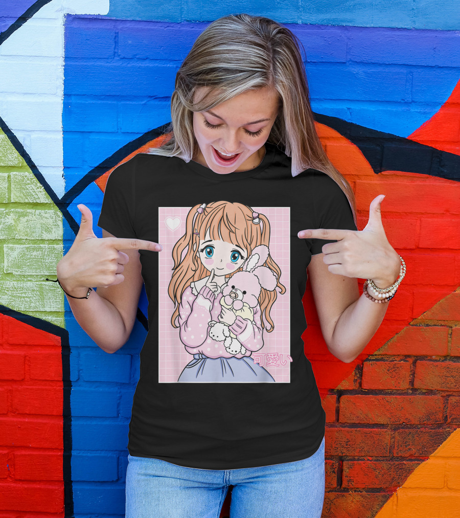 Kawaii Girl With Pink Plushie And Heart 90s Japanese Otaku Aesthetic T-Shirt