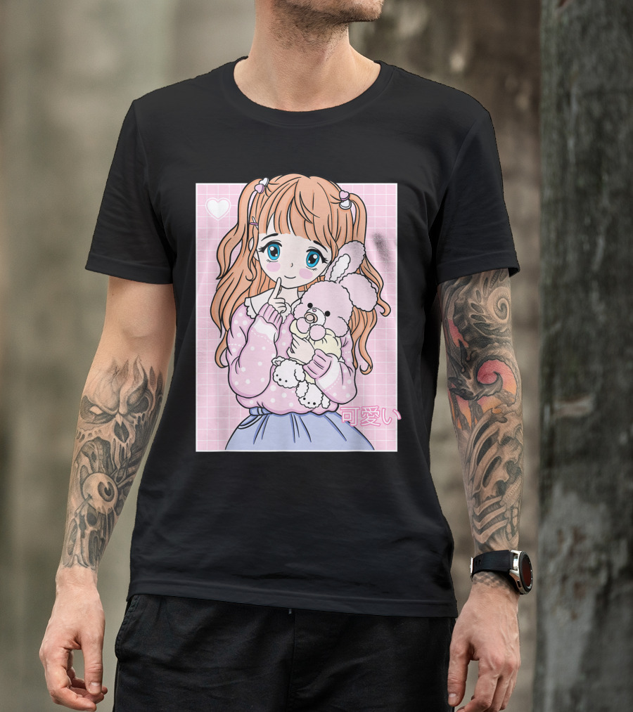 Kawaii Girl With Pink Plushie And Heart 90s Japanese Otaku Aesthetic T-Shirt