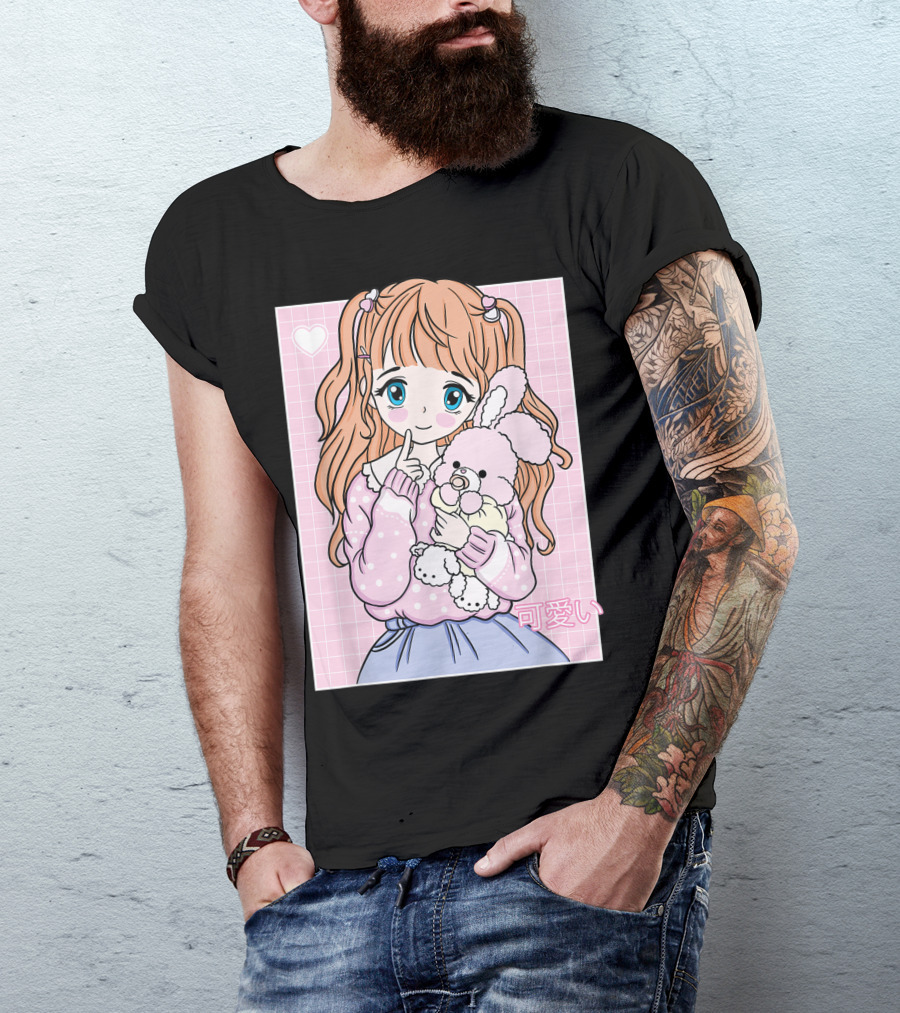 Kawaii Girl With Pink Plushie And Heart 90s Japanese Otaku Aesthetic T-Shirt