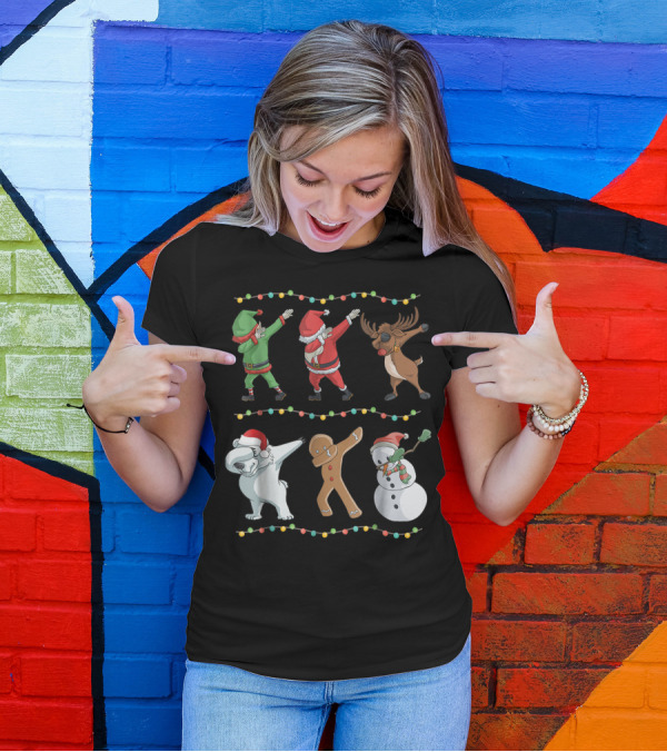 Dabbing Santa Reindeer Elf Gingerbread Snowman Polar Bear Christmas Lights T-Shirt