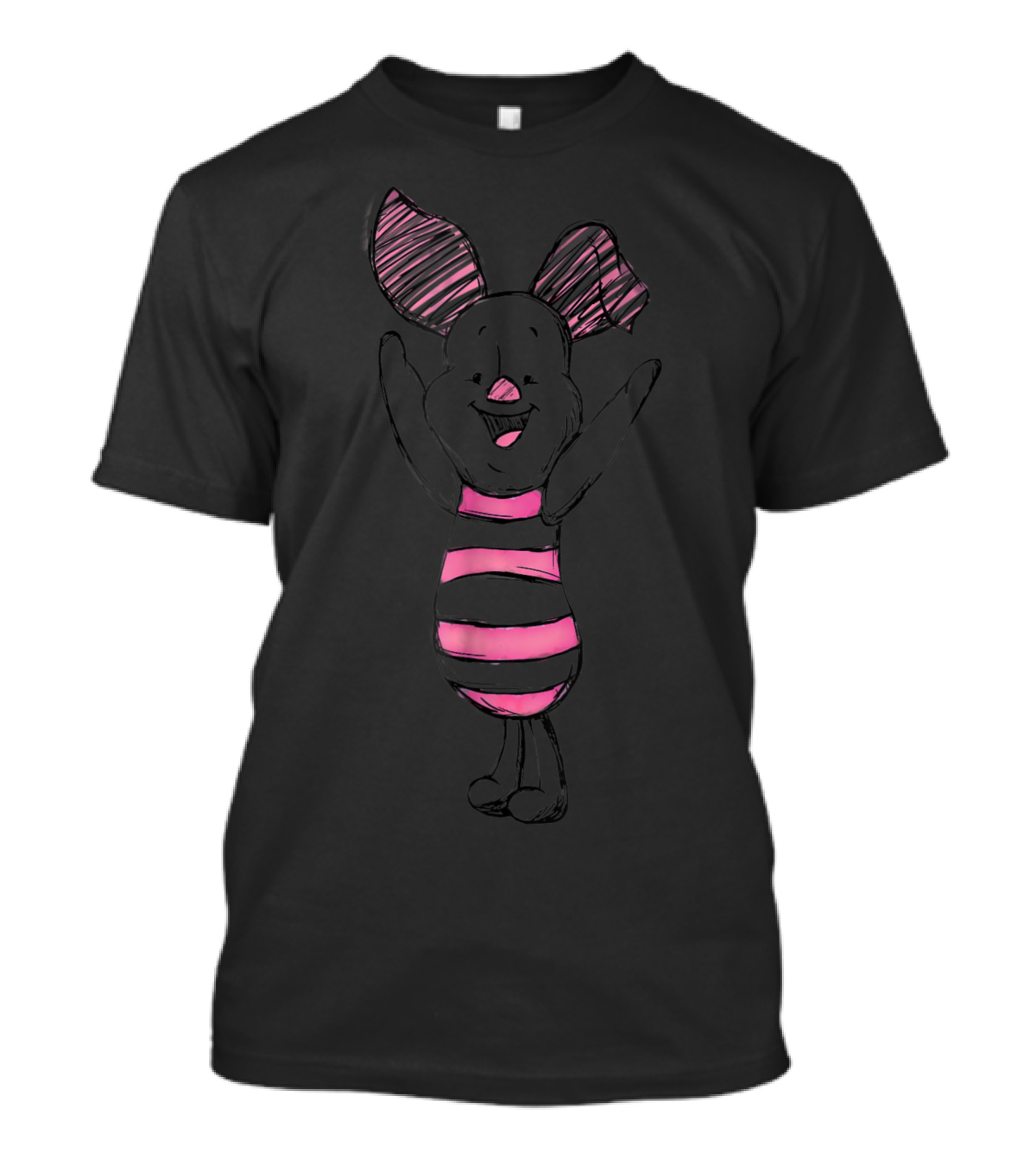 Disney Happy Piglet Sketch Striped Black Pink Ears T-Shirt