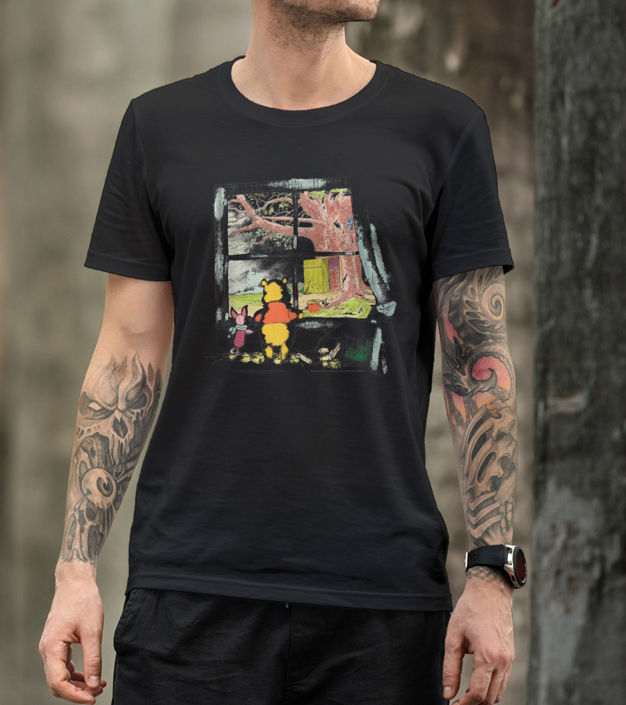 Winnie The Pooh And Piglet Looking Out A Window Sketch T-Shirt