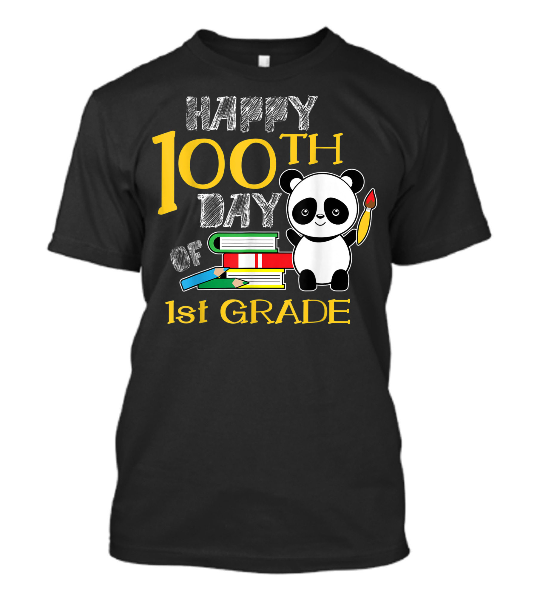 Happy 100th Day Of 1st Grade Panda With Books And Paintbrush T-Shirt