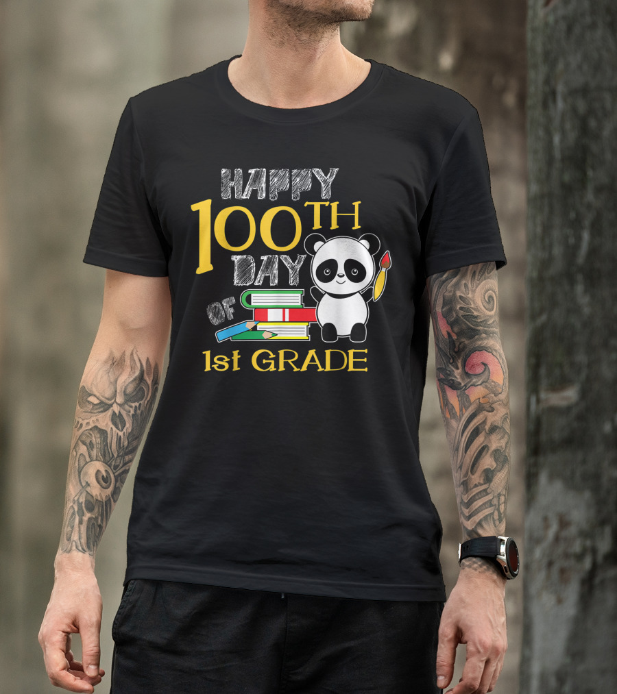 Happy 100th Day Of 1st Grade Panda With Books And Paintbrush T-Shirt