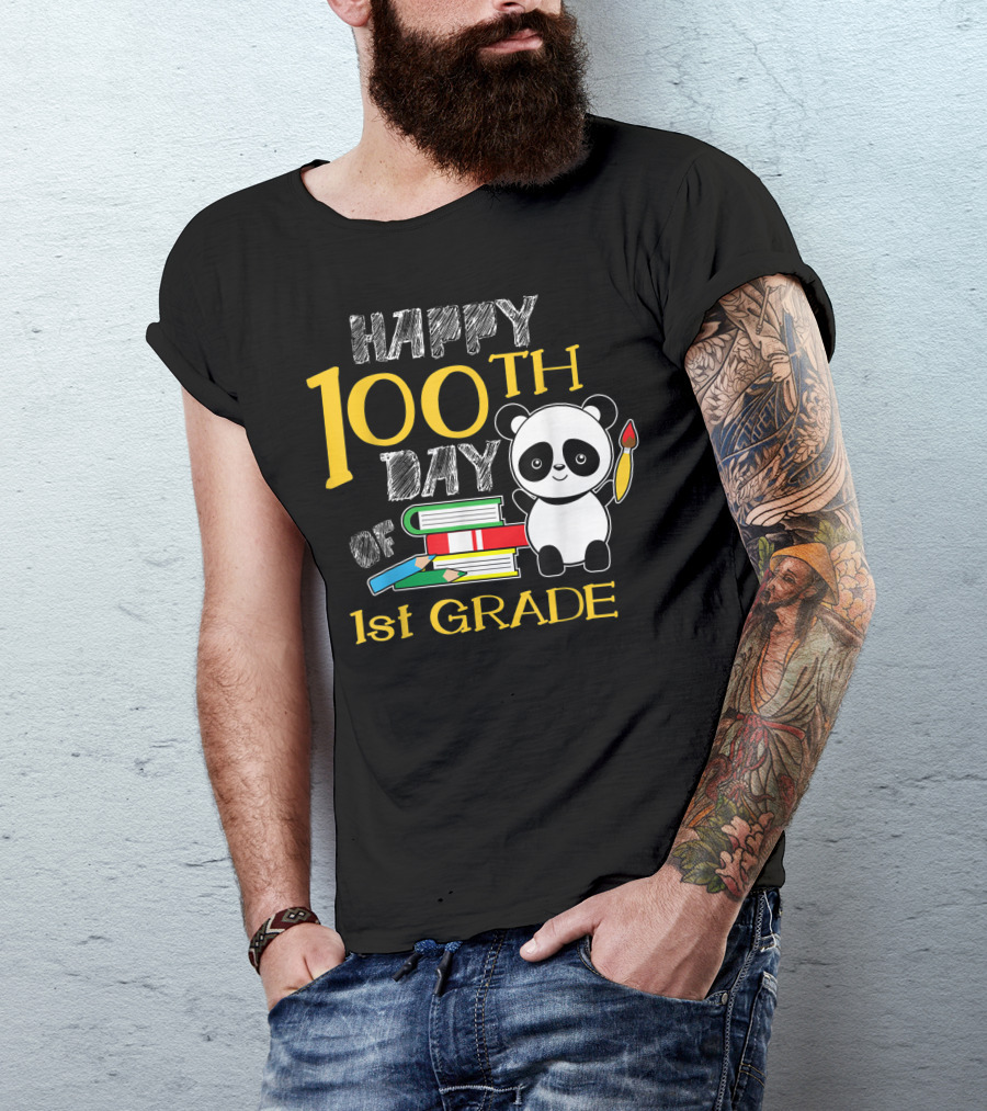 Happy 100th Day Of 1st Grade Panda With Books And Paintbrush T-Shirt