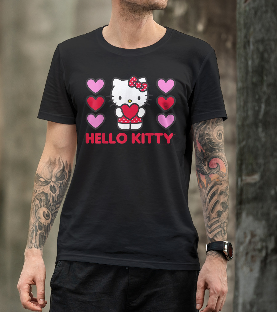Hello Kitty Holding Heart Surrounded By Pink And Red Valentine Hearts T-Shirt