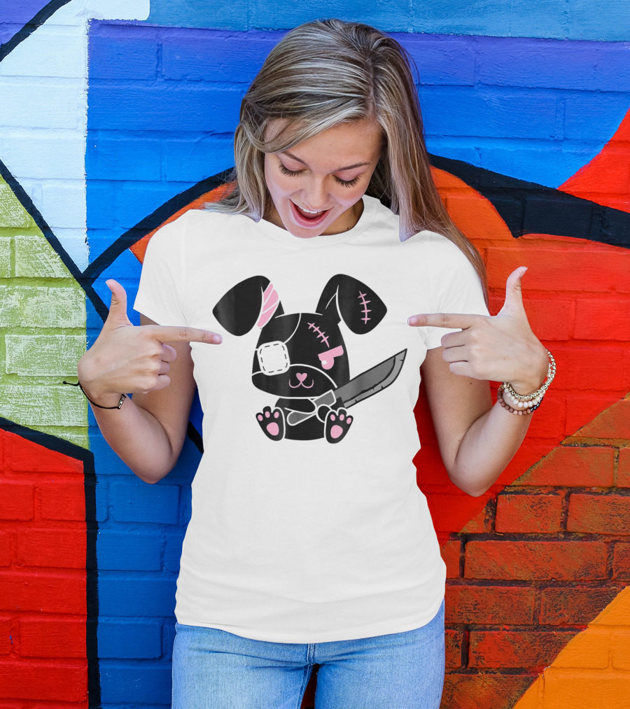 Kawaii Bunny Menhera Pastel Goth Black Cute Stitch Eye Patch Knife T-Shirt