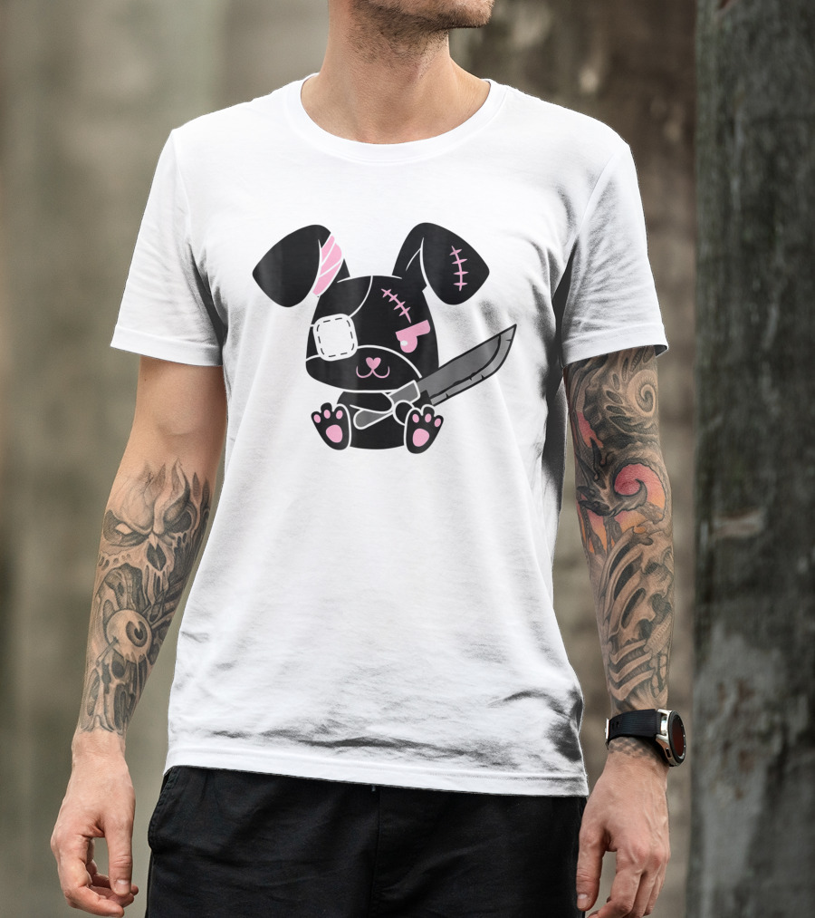 Kawaii Bunny Menhera Pastel Goth Black Cute Stitch Eye Patch Knife T-Shirt