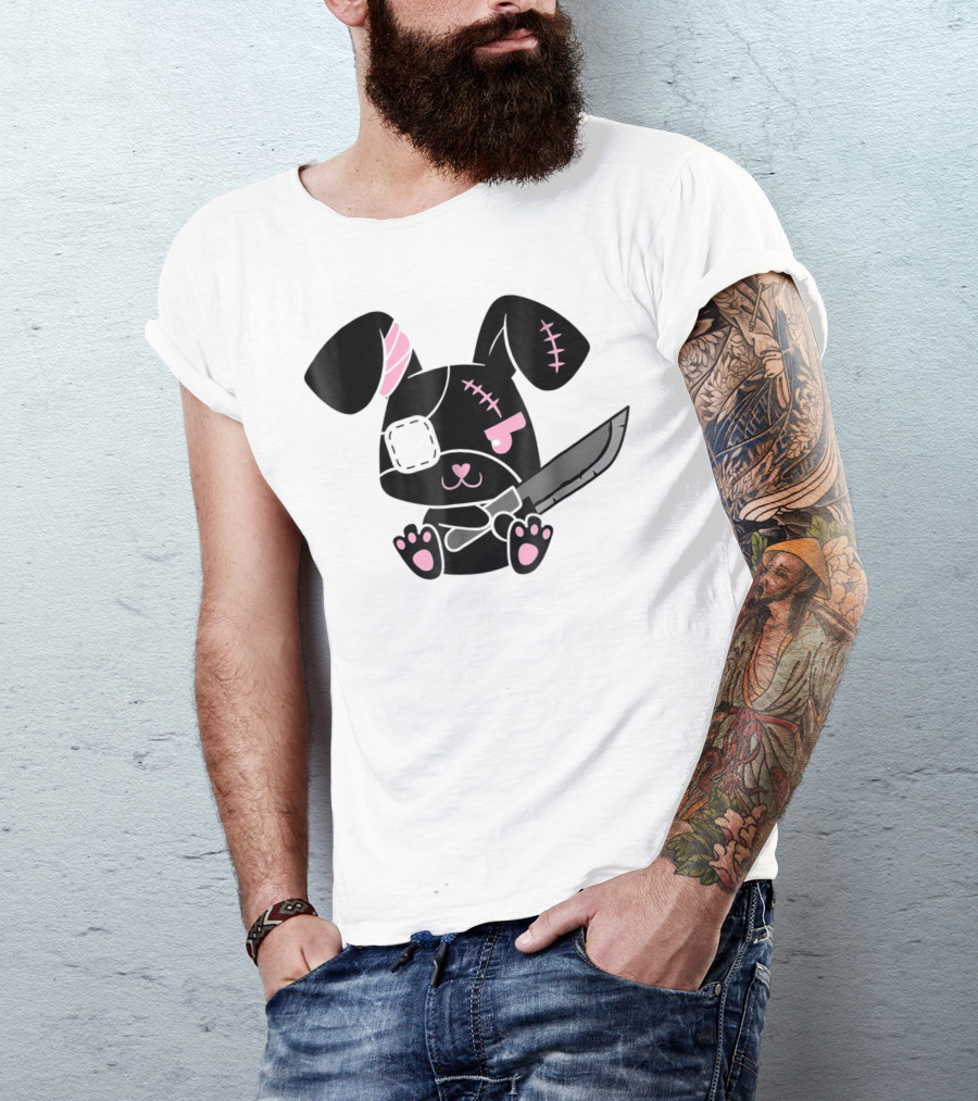 Kawaii Bunny Menhera Pastel Goth Black Cute Stitch Eye Patch Knife T-Shirt