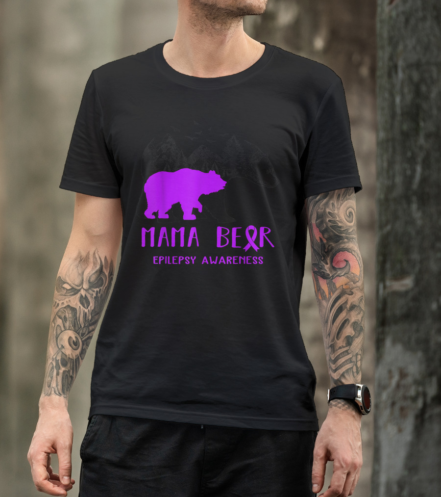 Mama Bear Epilepsy Awareness Purple Ribbon Forest Bear T-Shirt